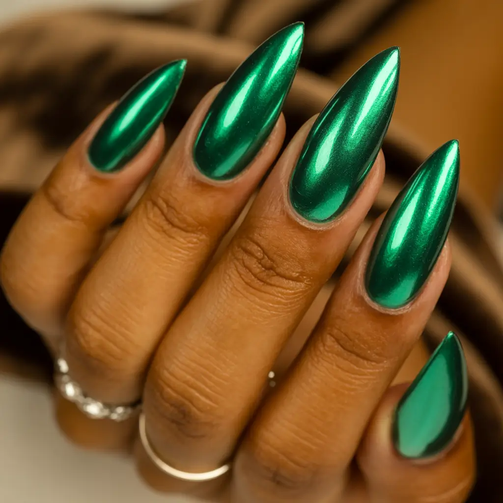 Trendy Fall Green Nail Designs 2025 Chrome Emerald Drama