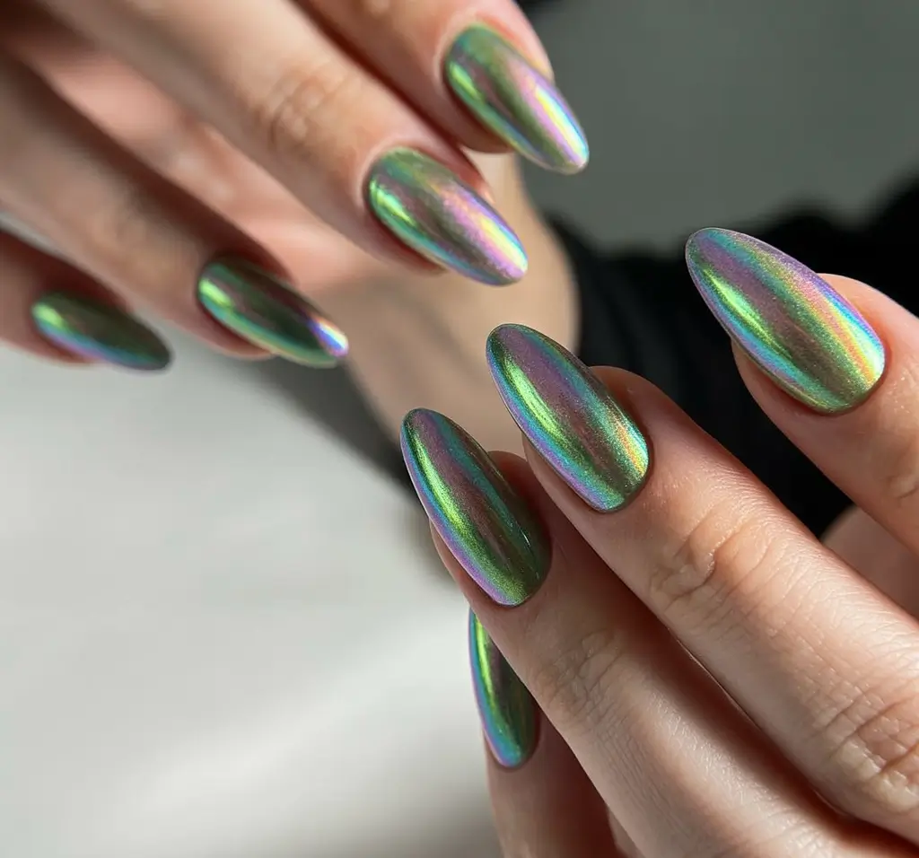 Trendy Fall Green Nail Designs 2025 Holographic Green Glow