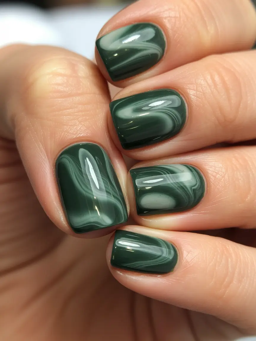 Trendy Fall Green Nail Designs 2025 Deep Forest Marble Shorties