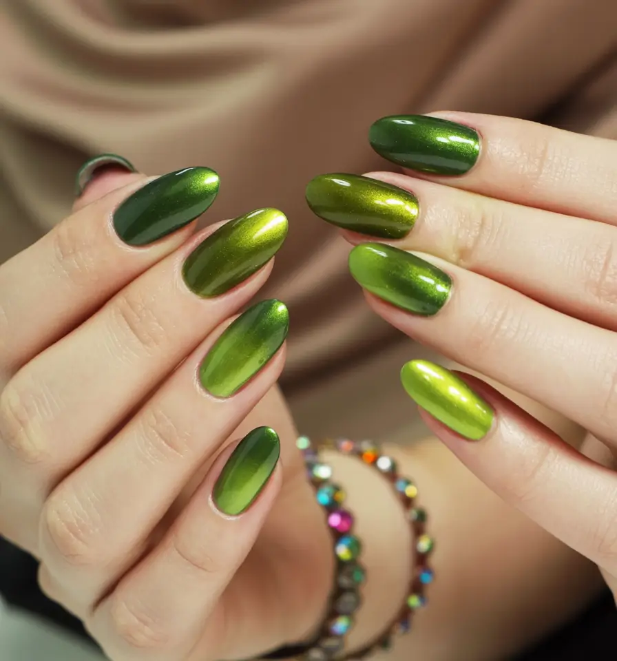 Trendy Fall Green Nail Designs 2025 Shimmering Green Gradient