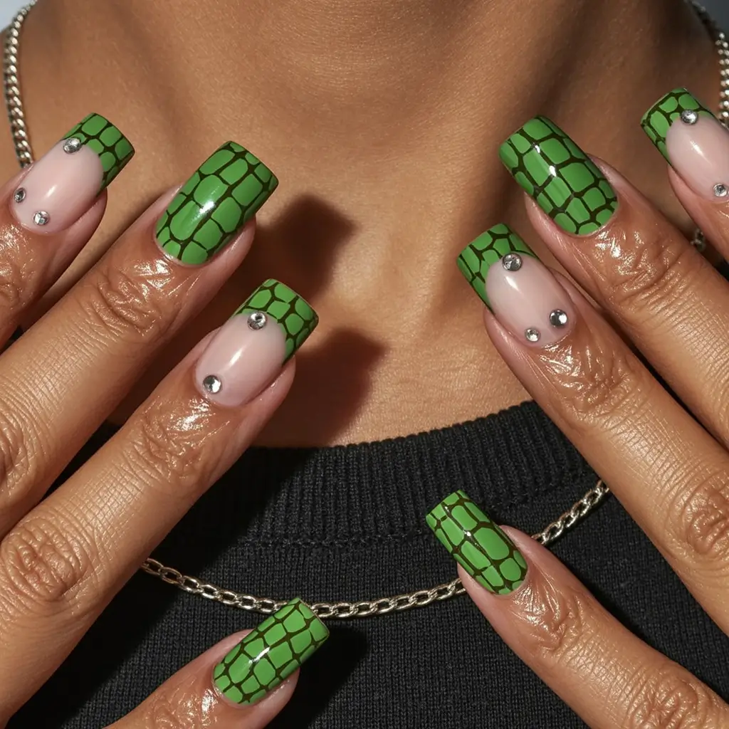 Trendy Fall Green Nail Designs 2025 Crocodile Texture Chic