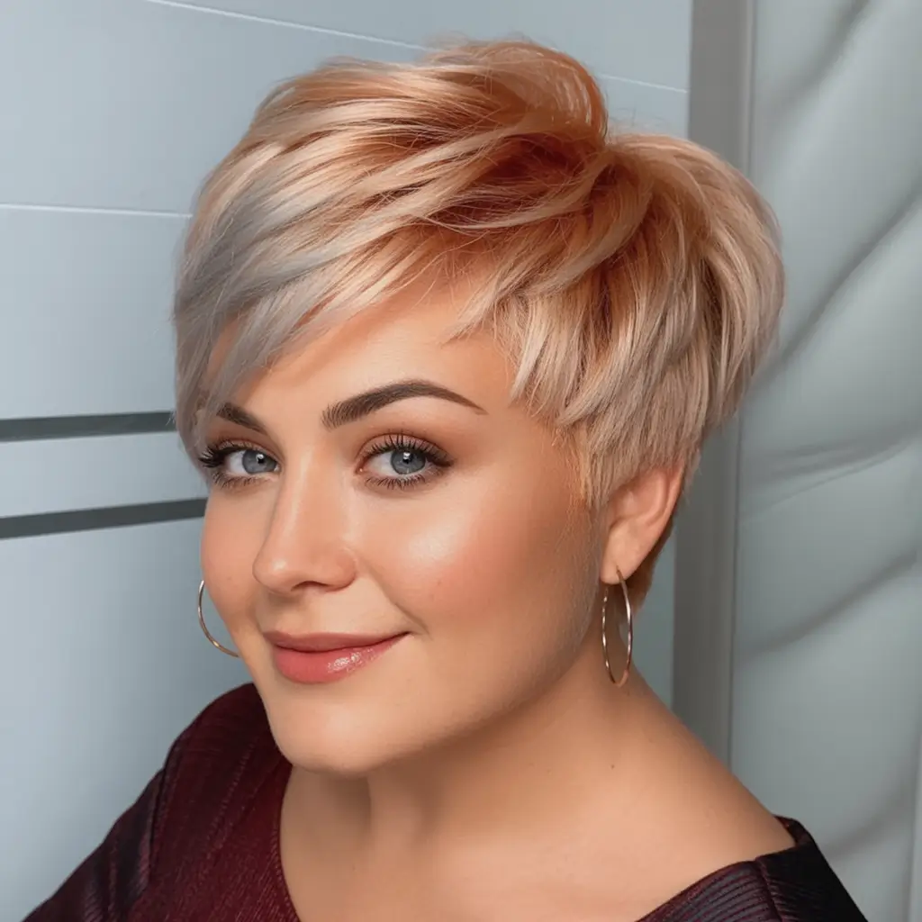 Trendy Fall Haircut Ideas 2025 for Plus Size Women Champagne Blonde Short Pixie