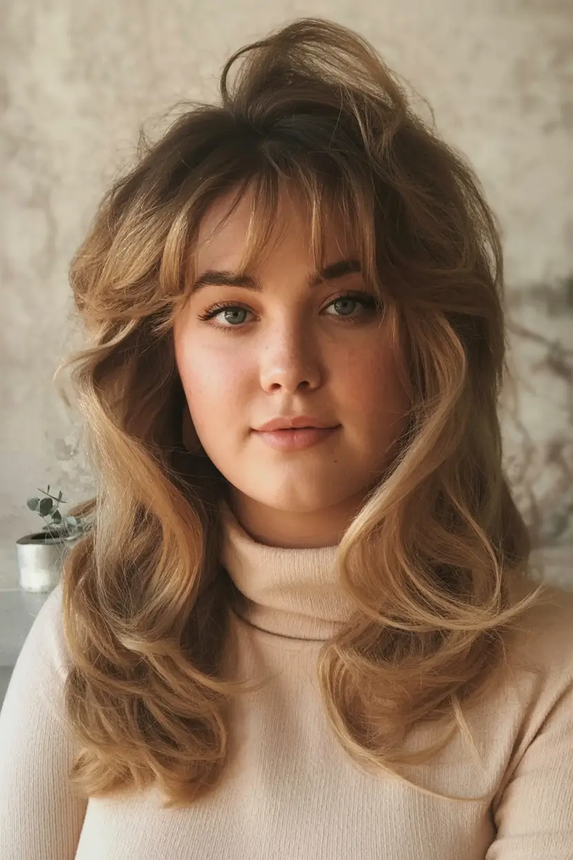 Trendy Fall Haircut Ideas 2025 for Plus Size Women Retro Voluminous Blowout with Curtain Bangs