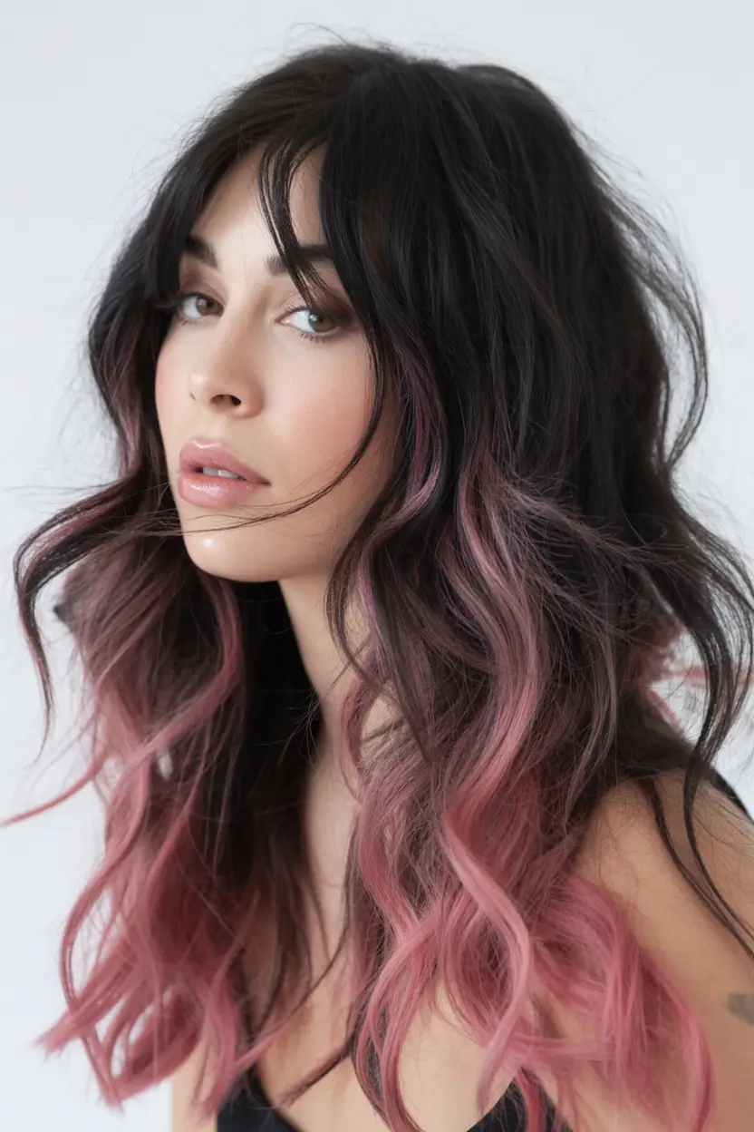 Trendy Fall Haircut Ideas 2025 for Plus Size Women Edgy Black to Pink Shag with Piecey Bangs