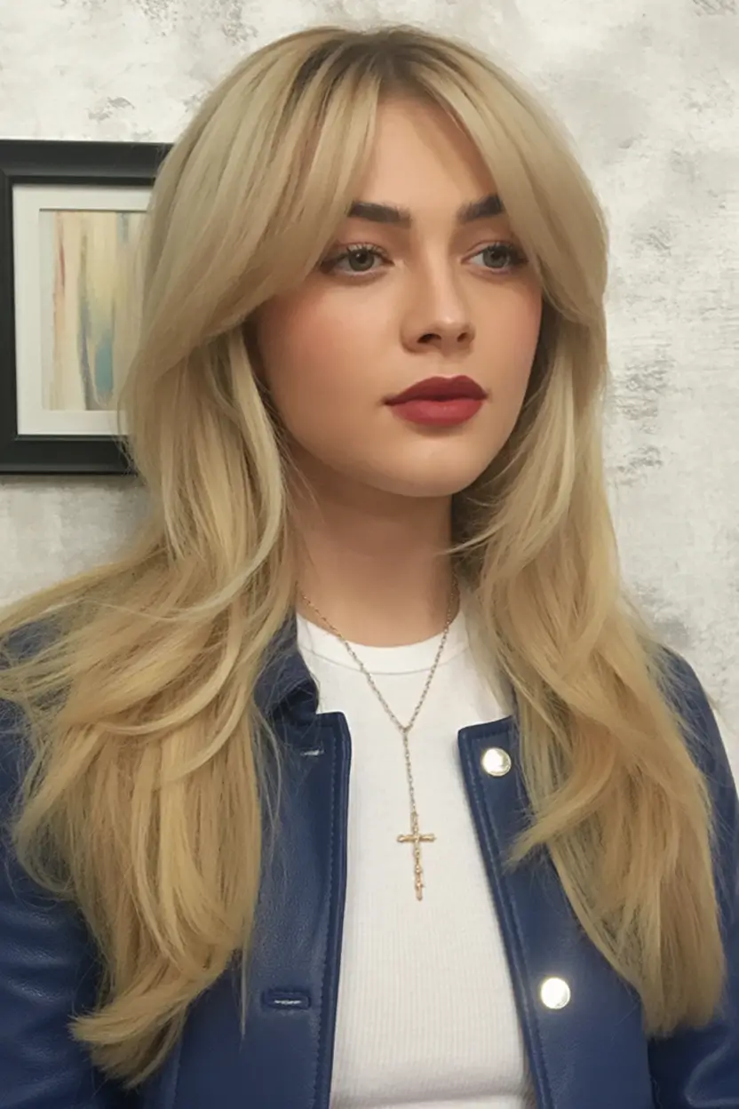 Trendy Fall Haircut Ideas 2025 for Plus Size Women Sleek Long Layers with Blunt Curtain Fringe