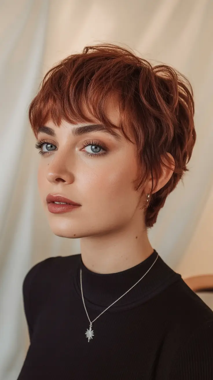 Trendy Fall Haircut Ideas 2025 for Plus Size Women Textured Pixie with Auburn Flair