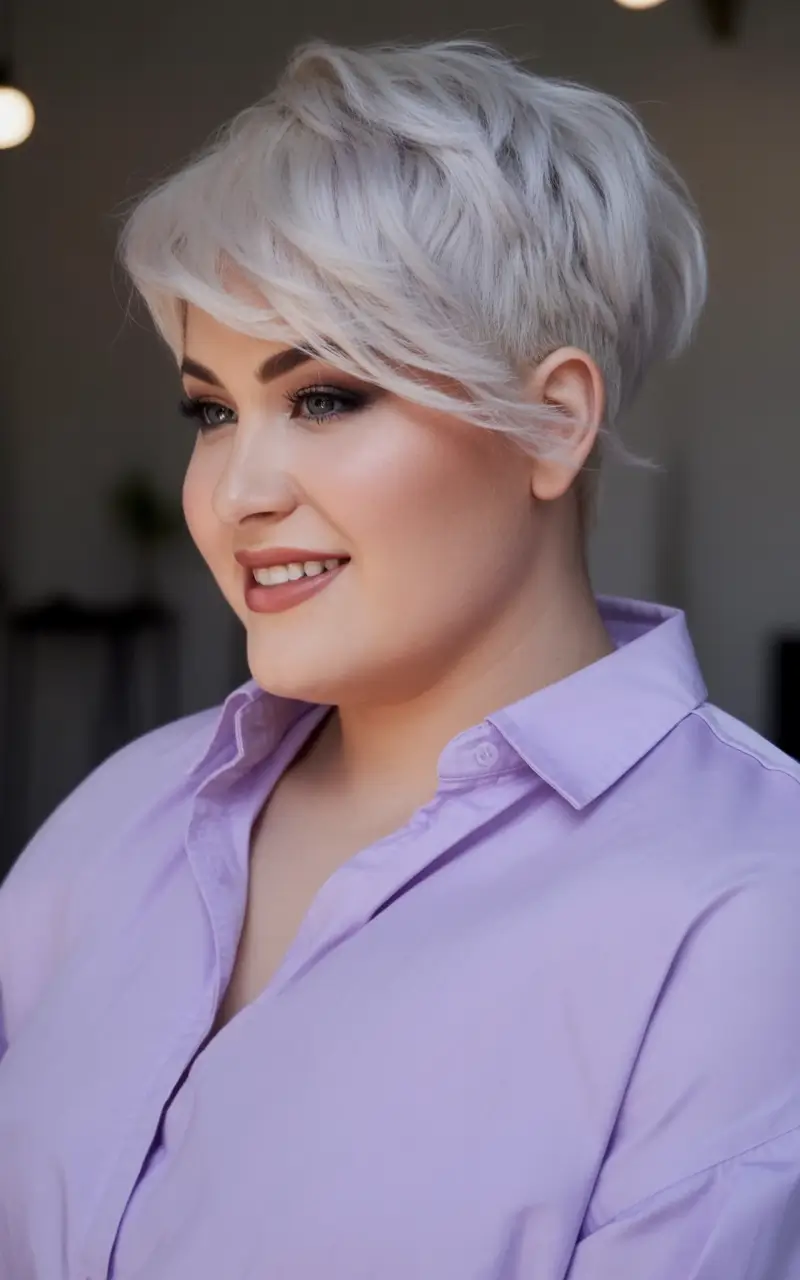 Trendy Fall Haircut Ideas 2025 for Plus Size Women Platinum Short Pixie with Side-Swept Bangs