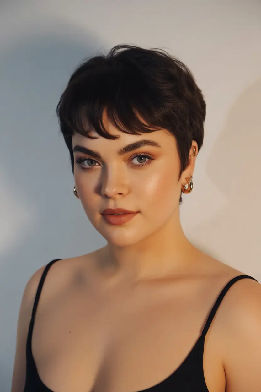 Trendy Fall Haircut Ideas 2025 for Plus Size Women Rounded Brunette Pixie with Baby Fringe