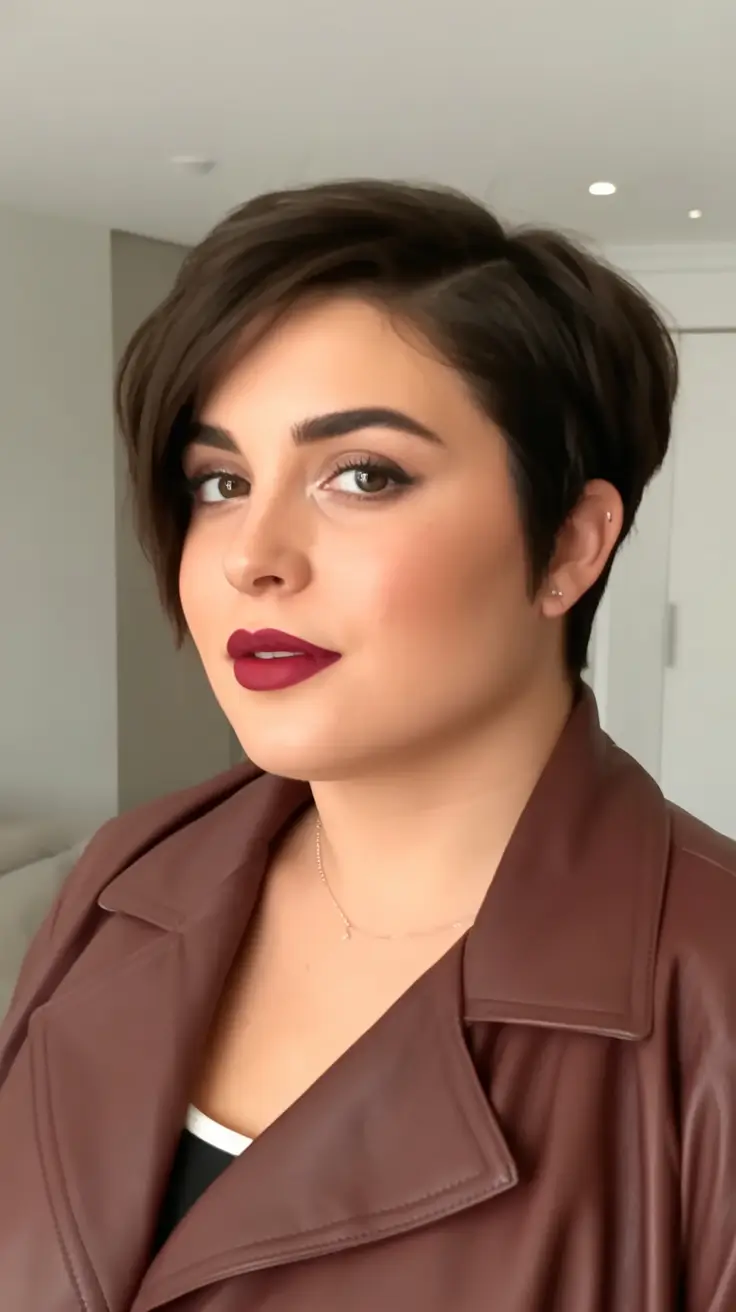 Trendy Fall Haircut Ideas 2025 for Plus Size Women Angled Long Pixie with Deep Side Part