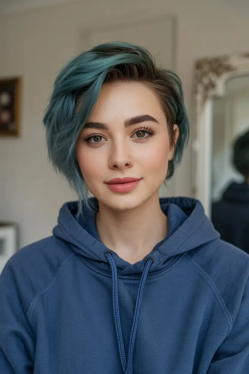 Trendy Fall Haircut Ideas 2025 for Plus Size Women Smoky Teal Asymmetric Undercut