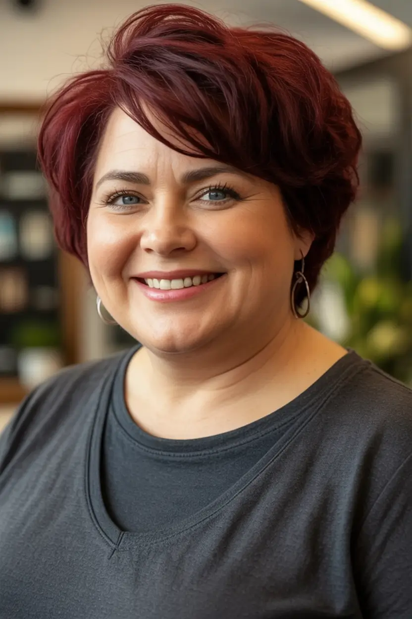 Trendy Fall Haircut Ideas 2025 for Plus Size Women Short Berry-Red Shag with Volume