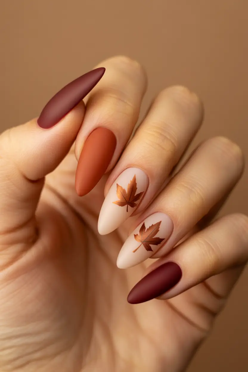 Trendy Fall Matte Nails 2025 Maple Leaf Matte Almonds