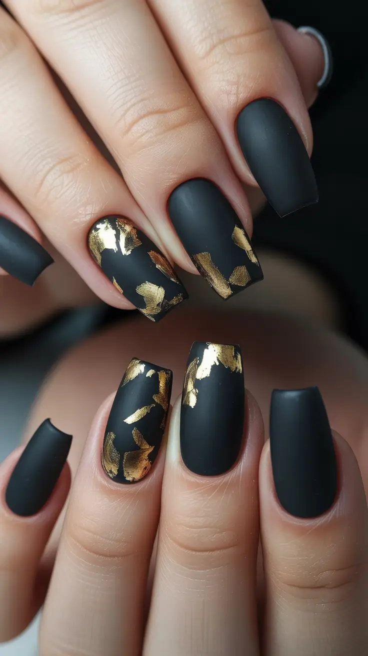 Trendy Fall Matte Nails 2025 Matte Black with Gold Foil