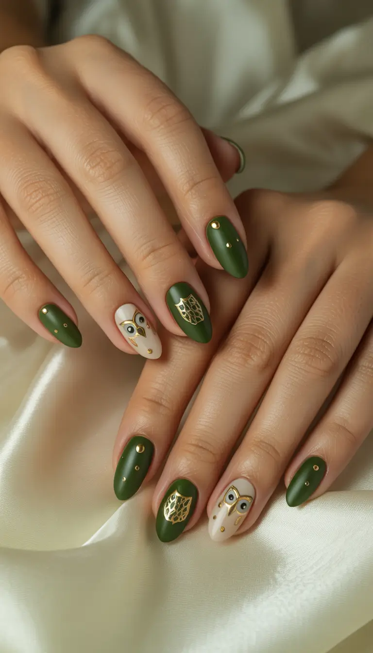 Trendy Fall Matte Nails 2025 Enchanted Owl Greens