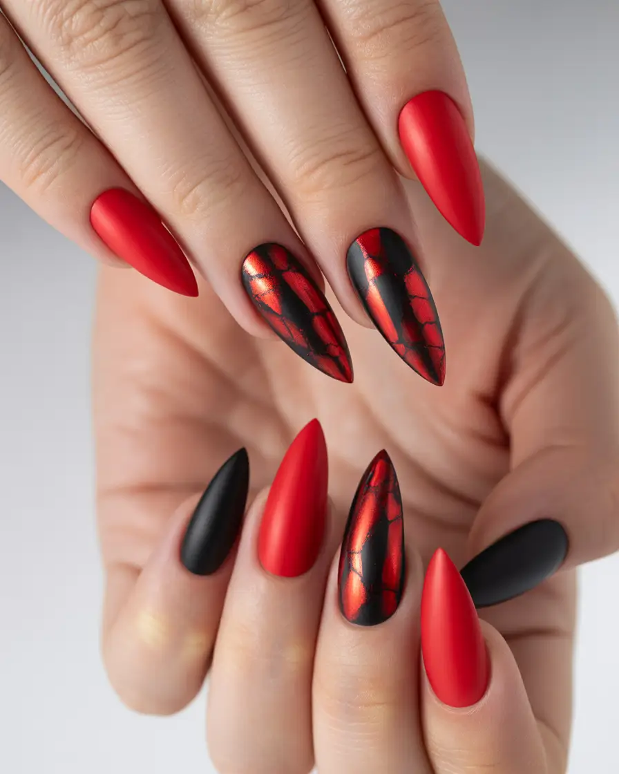 Trendy Fall Matte Nails 2025 Fiery Red and Black Drama