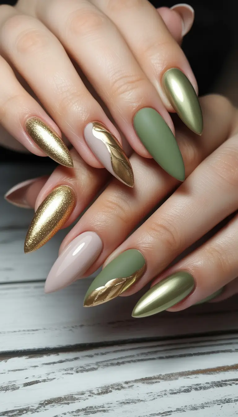 Trendy Fall Matte Nails 2025 Golden Green Sophistication
