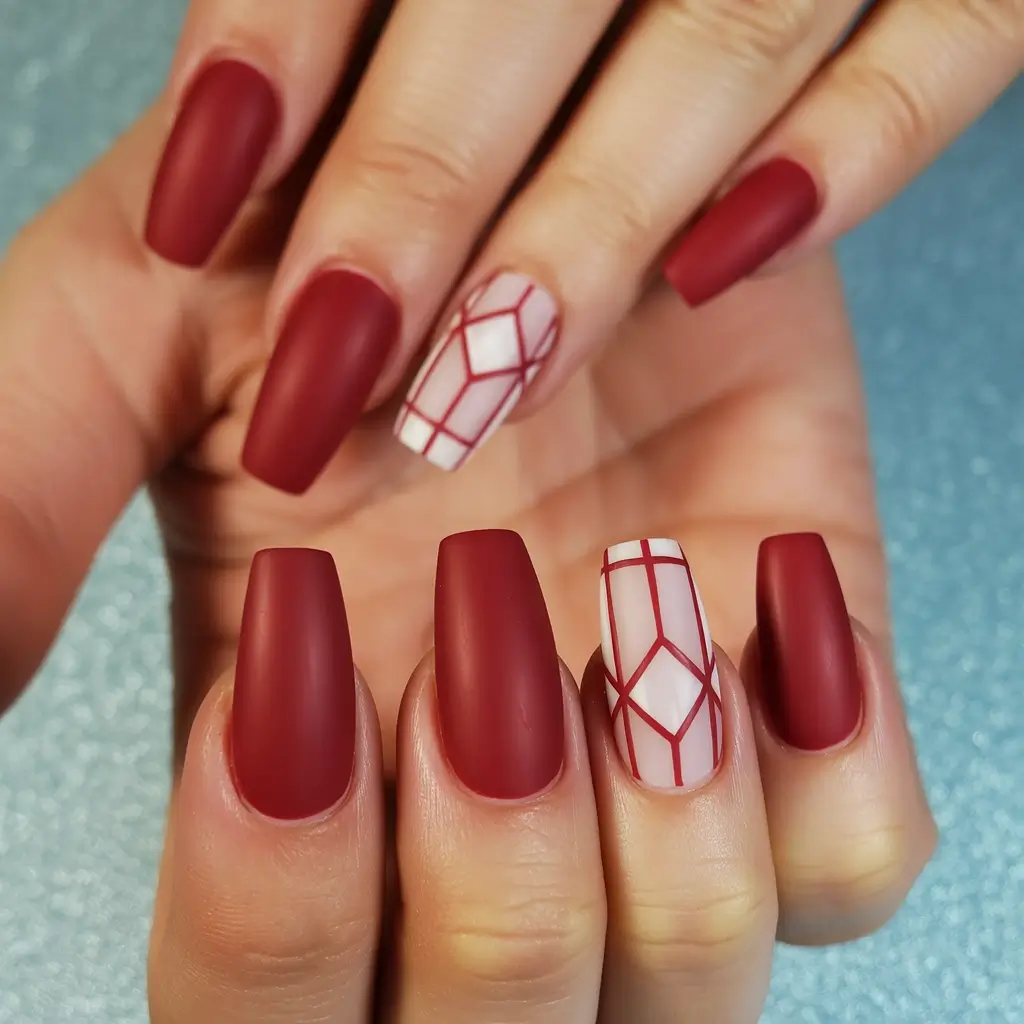 Trendy Fall Matte Nails 2025 Geometric Burgundy Chic