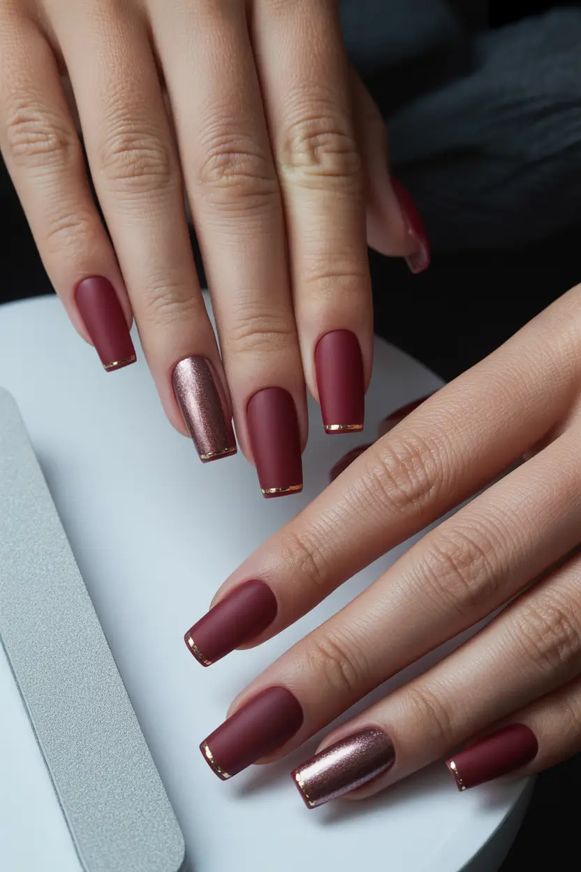 Trendy Fall Matte Nails 2025 Burgundy Luxe with Metallic Touch
