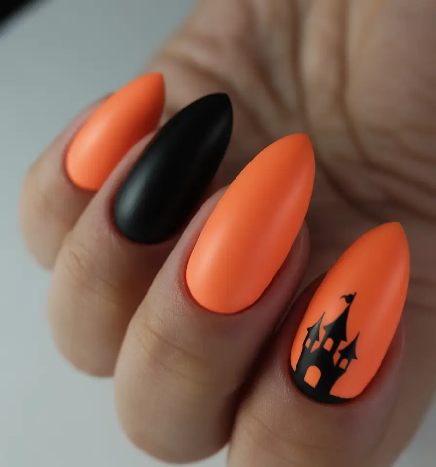 Trendy Fall Matte Nails 2025 Halloween Orange and Black Magic