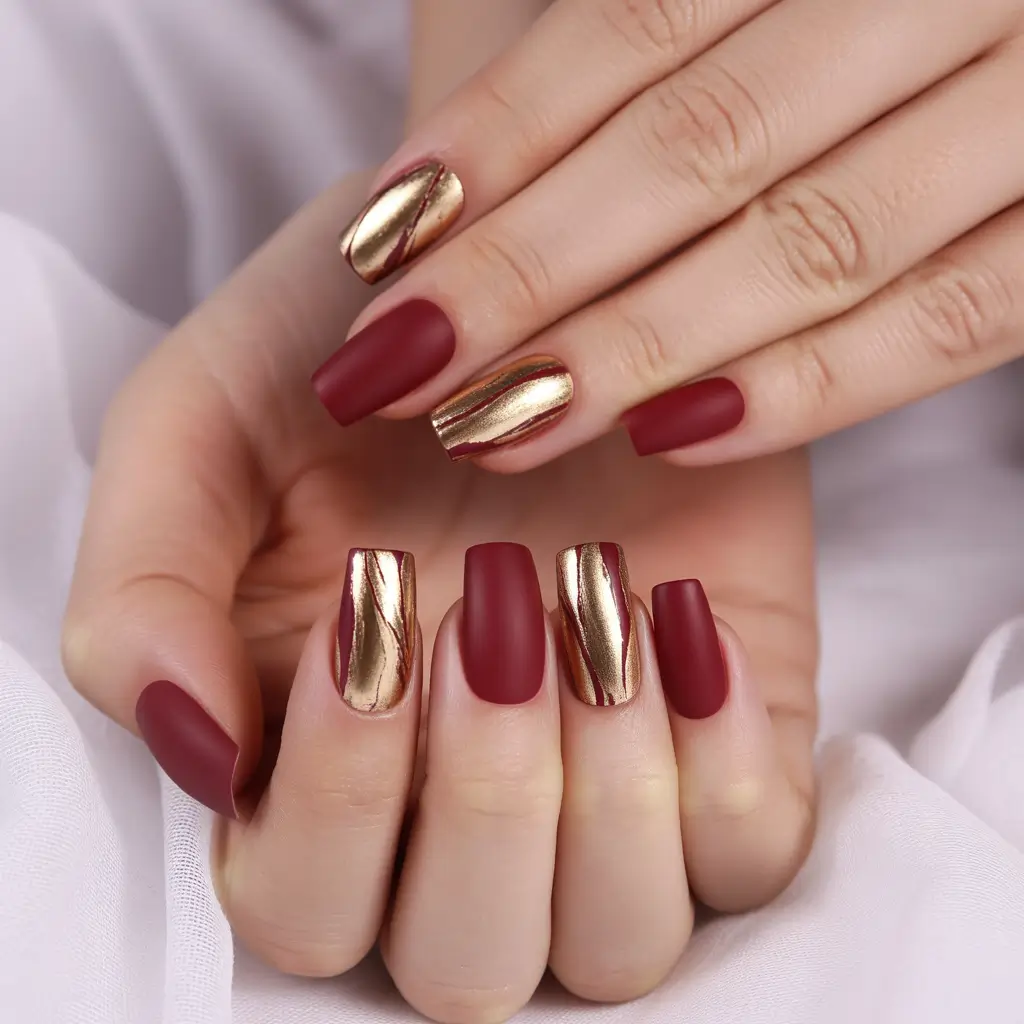 Trendy Fall Matte Nails 2025 Red and Gold Luxe
