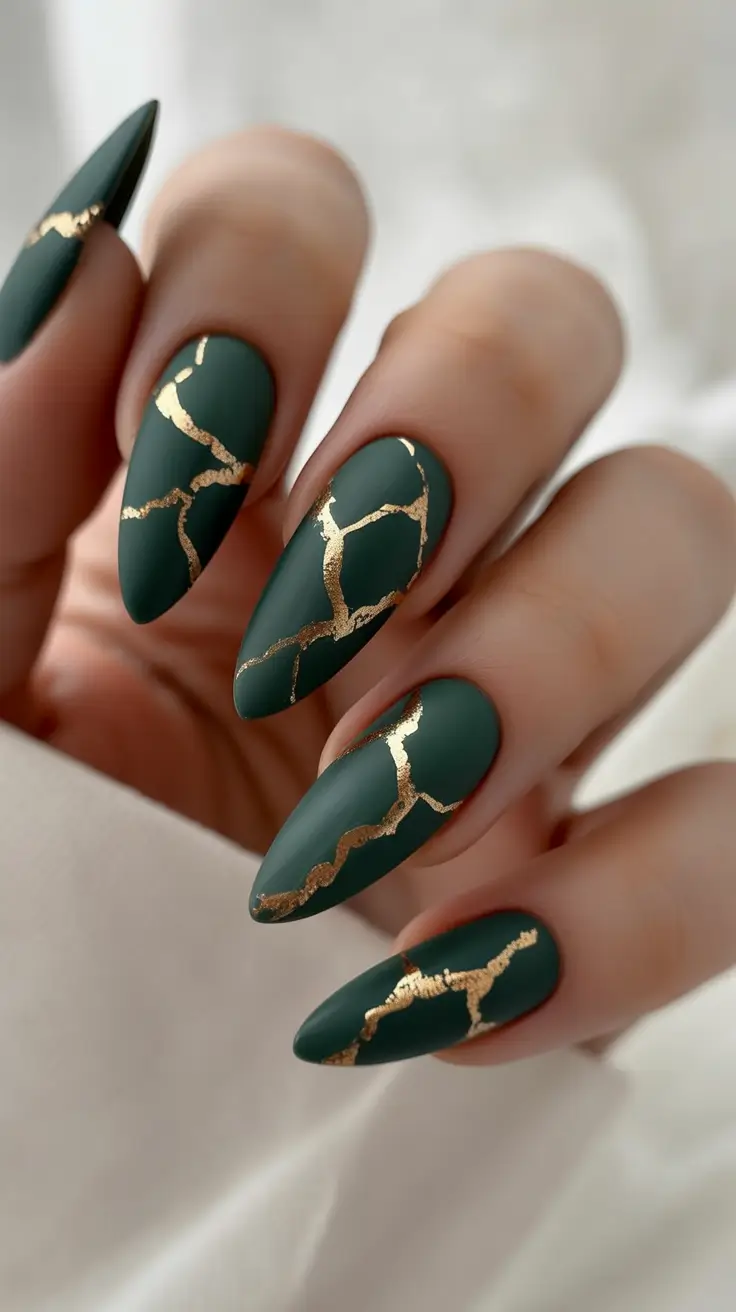 Trendy Fall Matte Nails 2025 Dark Green with Golden Veins