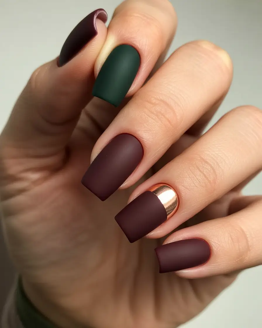 Trendy Fall Matte Nails 2025 Wine and Pine Luxe
