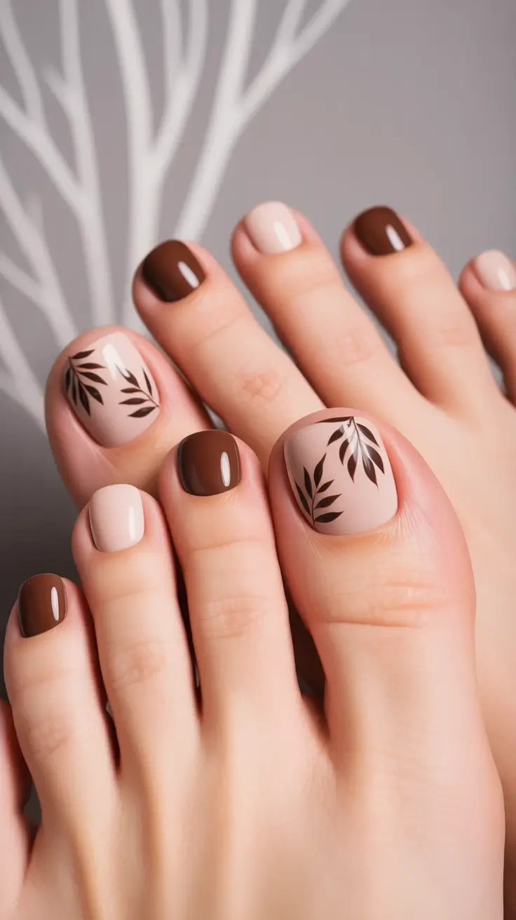 Trendy Fall Toe Nail Designs 2025 Mocha Leaf Harmony