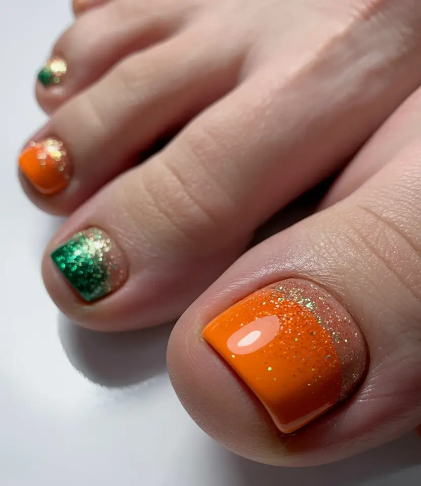 Trendy Fall Toe Nail Designs 2025 Glitter Harvest Duo