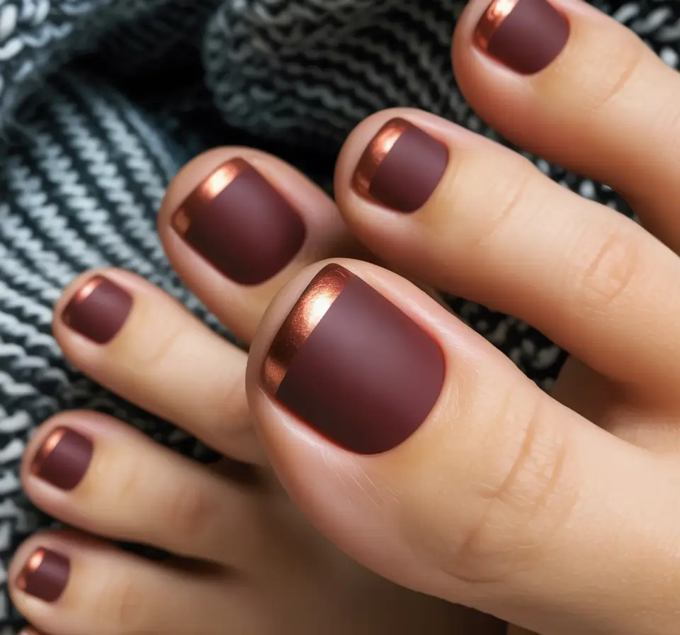 Trendy Fall Toe Nail Designs 2025 Bronze-Tipped Matte