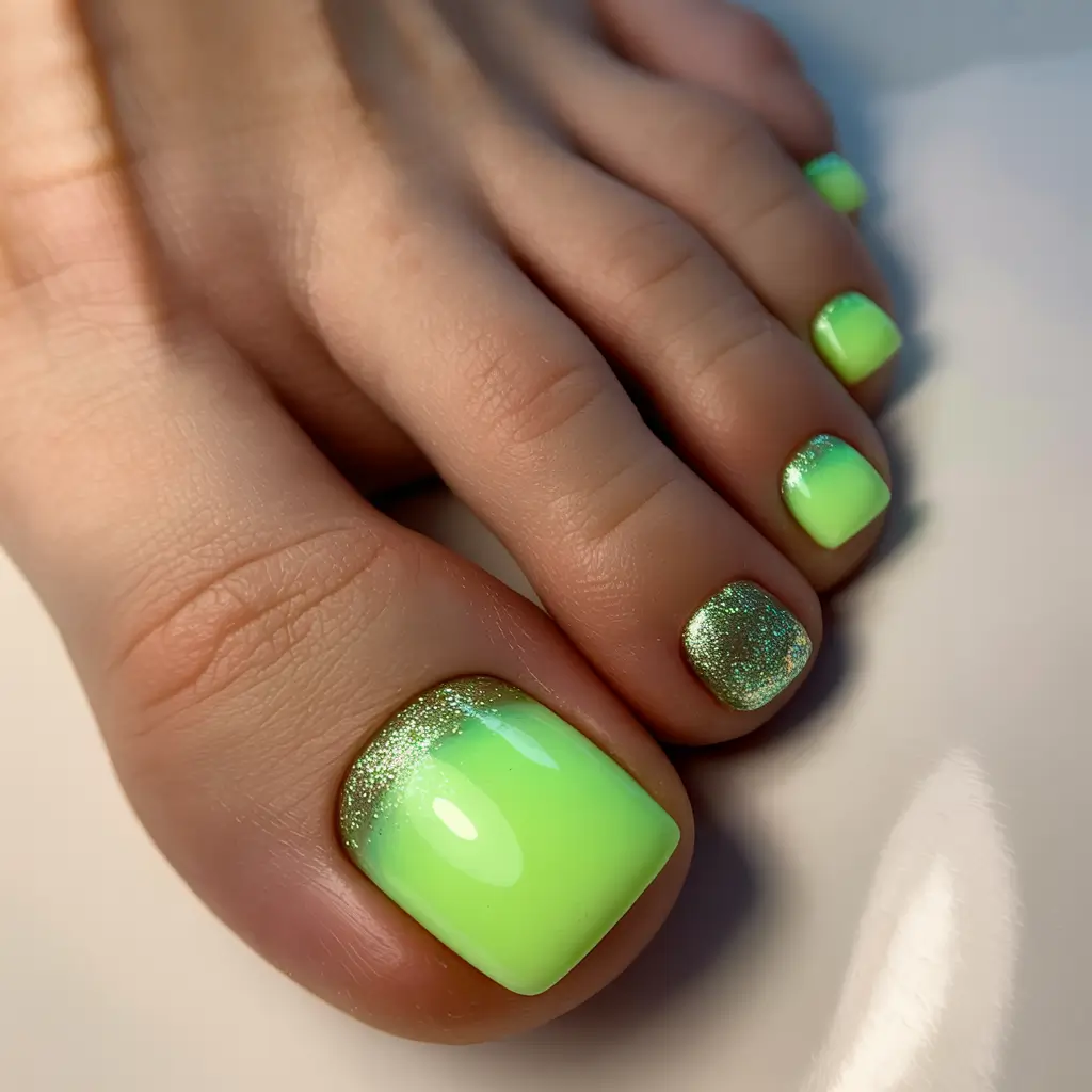 Trendy Fall Toe Nail Designs 2025 Glowing Green with Glitter Accents