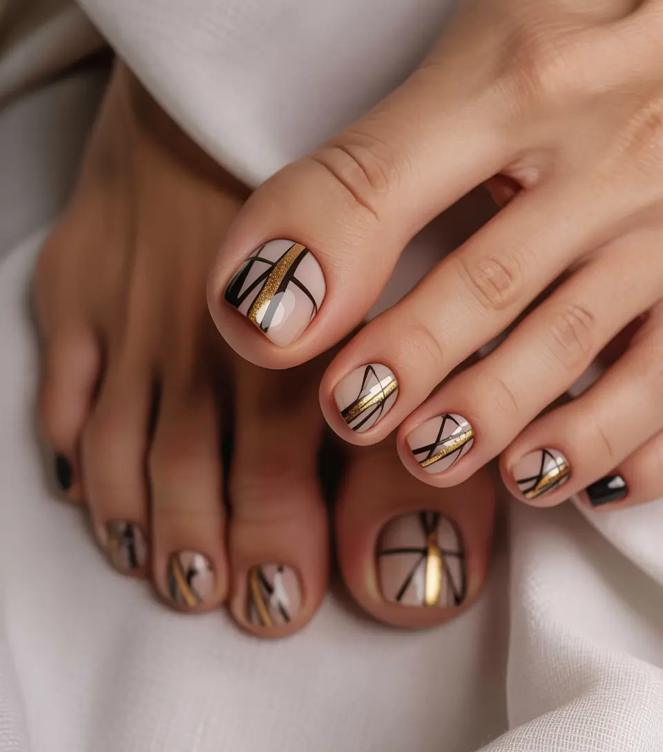 Trendy Fall Toe Nail Designs 2025 Modern Gold and Black Abstract Lines