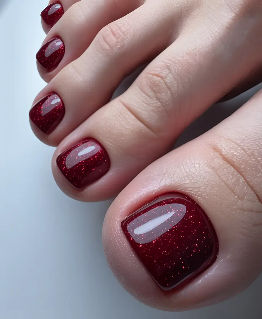 Trendy Fall Toe Nail Designs 2025 Deep Burgundy Glitter Luxe