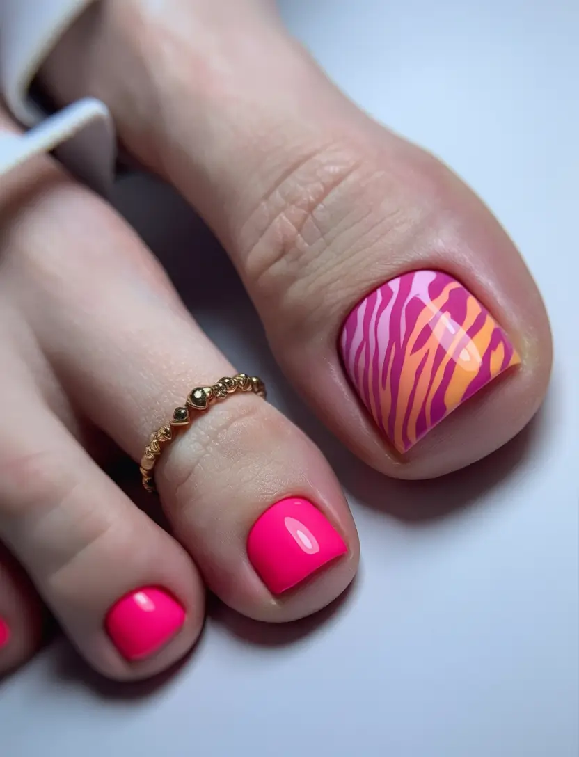 Trendy Fall Toe Nail Designs 2025 Hot Pink with Zebra Accent