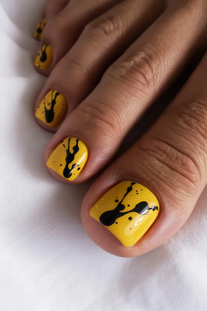 Trendy Fall Toe Nail Designs 2025 Bold Yellow with Black Splash