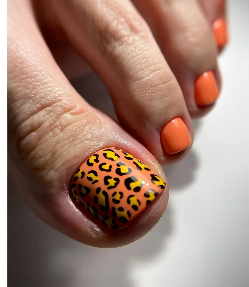 Trendy Fall Toe Nail Designs 2025 Orange Leopard Print Accent