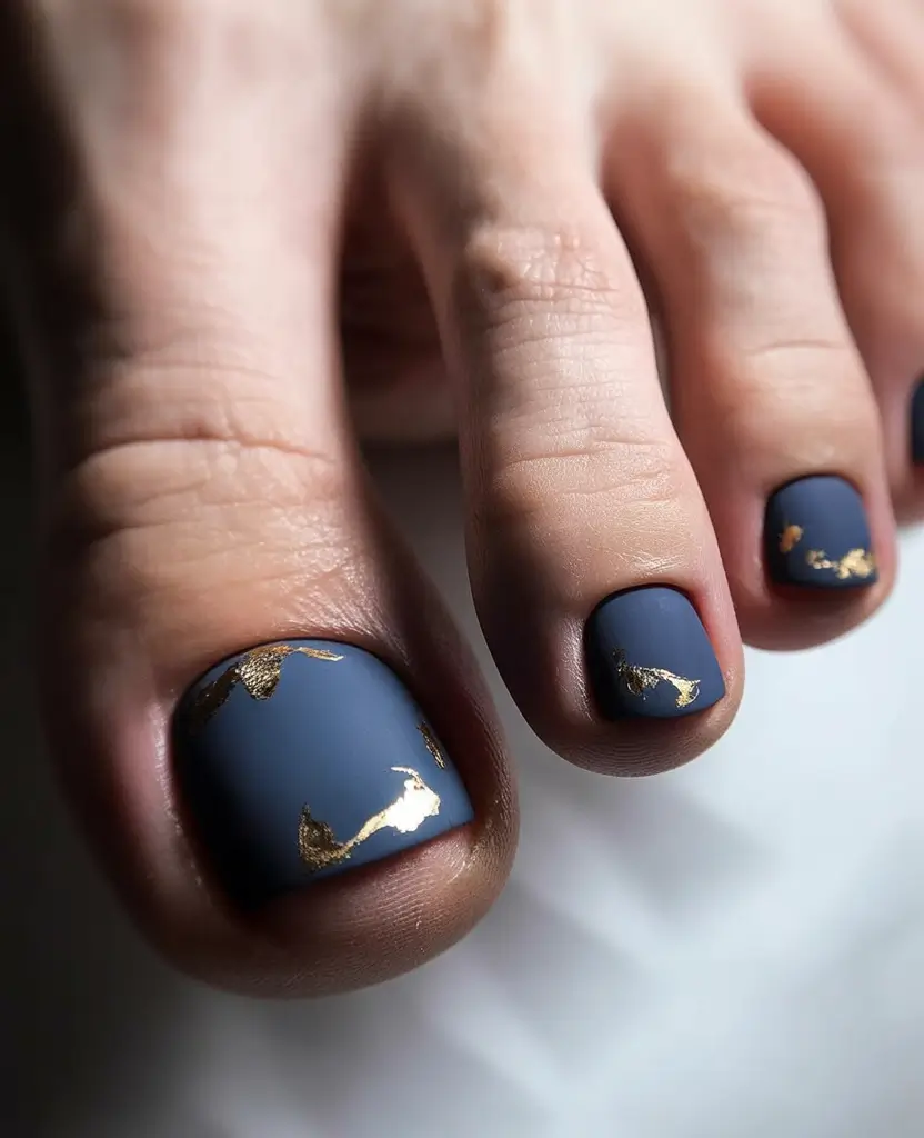 Trendy Fall Toe Nail Designs 2025 Matte Navy with Gold Leaf