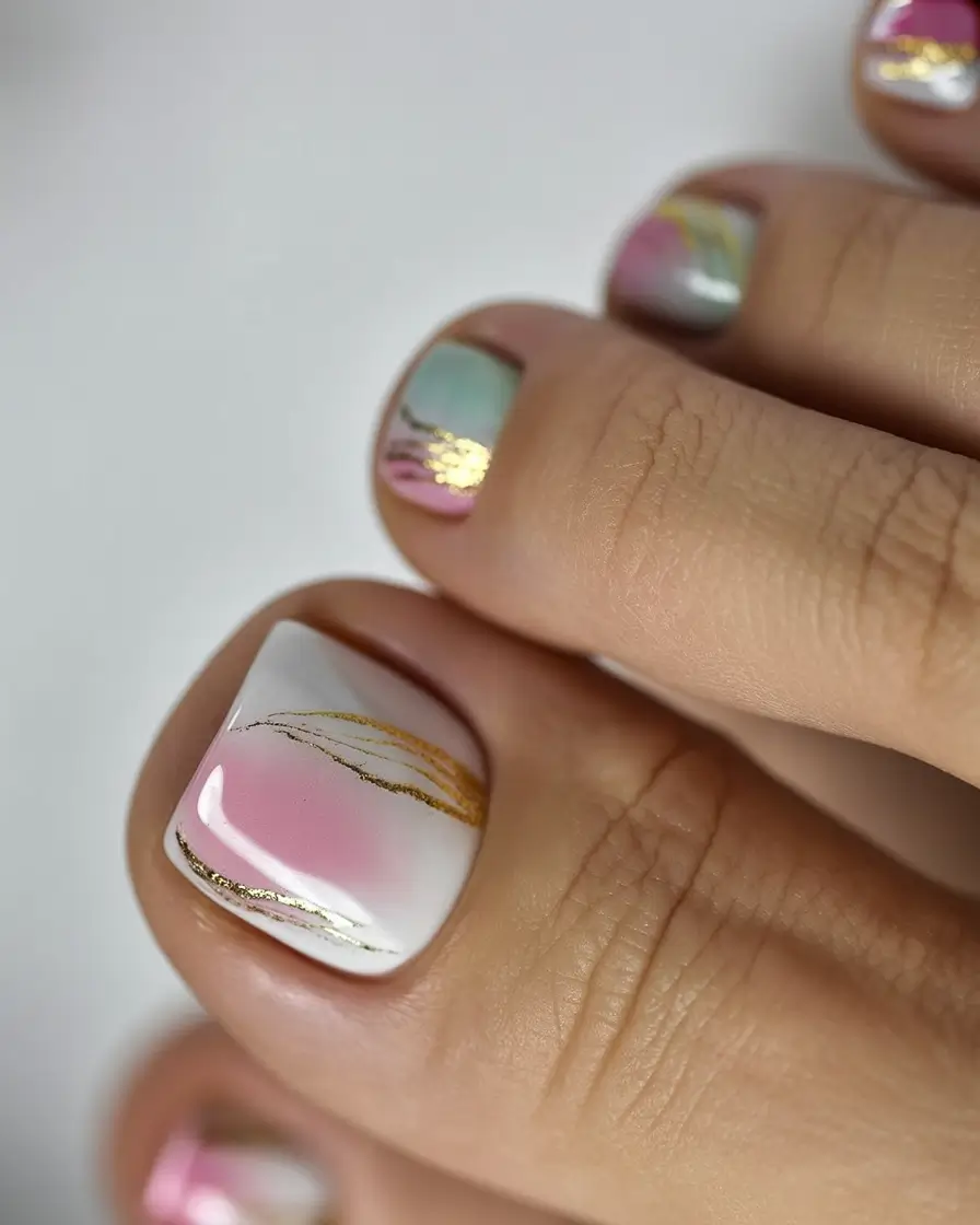 Trendy Fall Toe Nail Designs 2025 Pastel Gradient with Golden Veins