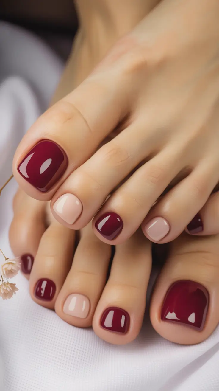 Trendy Fall Toe Nail Designs 2025 Burgundy and Nude Duo
