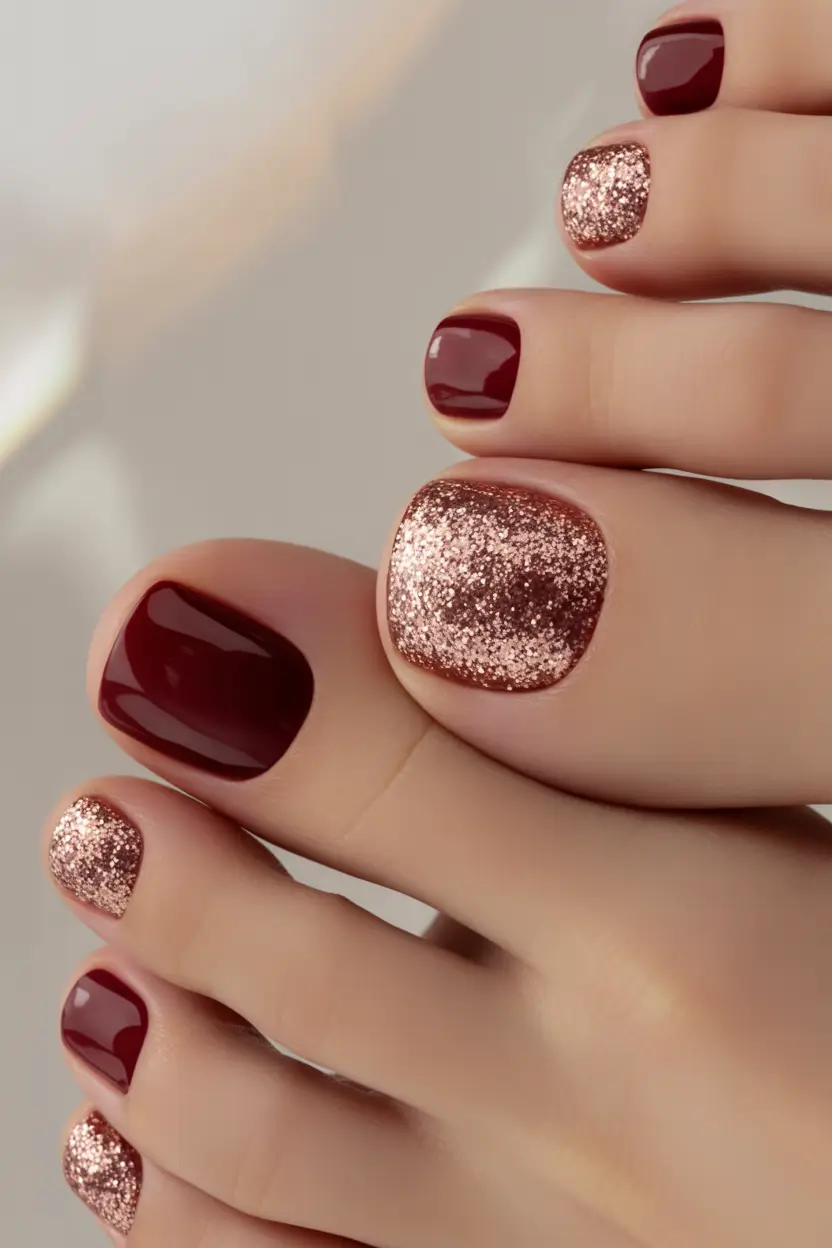 Trendy Fall Toe Nail Designs 2025 Sparkling Burgundy Glam