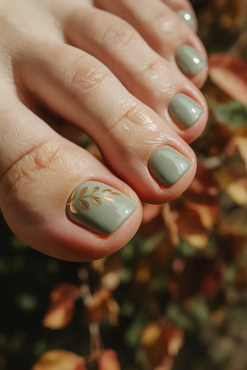 Trendy Fall Toe Nail Designs 2025 Olive Leaf Accent