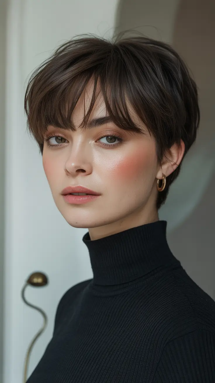 Trendy Pixie Haircuts to Try This Fall 2025 Softly Layered Brunette Pixie with Bangs