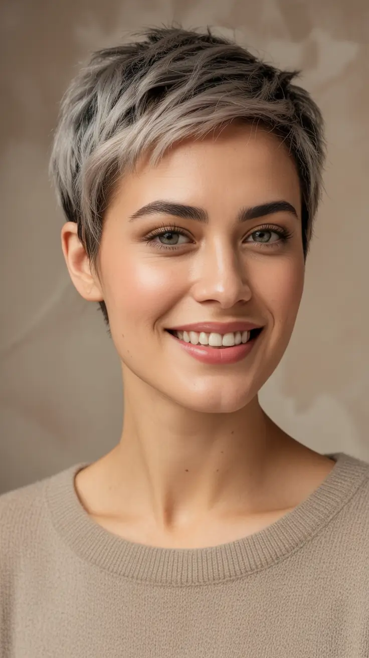 Trendy Pixie Haircuts to Try This Fall 2025 Silver Pixie with Smoky Cool-Toned Layers