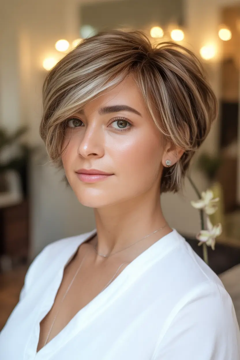 Trendy Pixie Haircuts to Try This Fall 2025 Dimensional Blonde Pixie with Side-Swept Volume