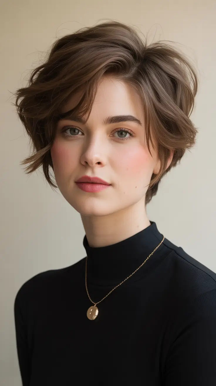 Trendy Pixie Haircuts to Try This Fall 2025 Soft Chestnut Tousle with a Sculpted Neckline