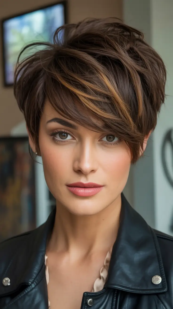 Trendy Pixie Haircuts to Try This Fall 2025 Textured Mocha Pixie with Cinnamon Highlights