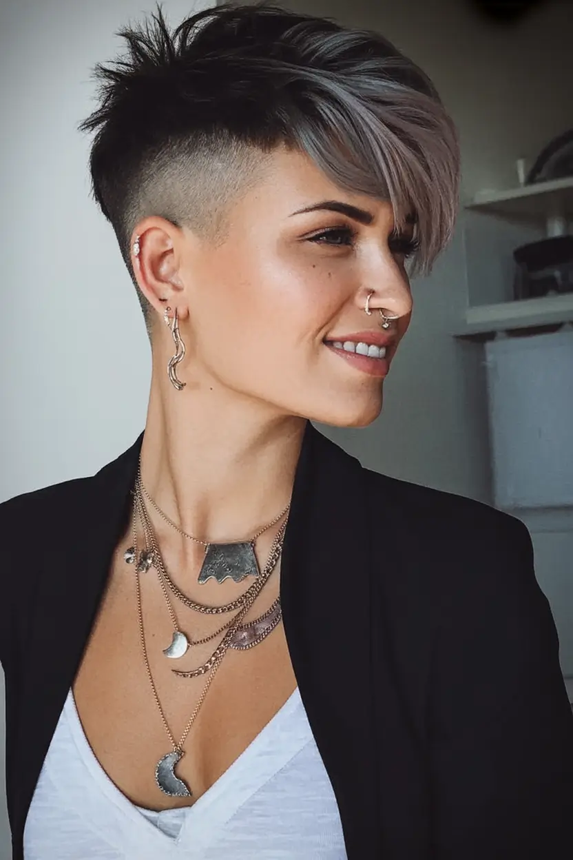 Trendy Pixie Haircuts to Try This Fall 2025 Side-Swept Lilac Fade with Shaved Sides