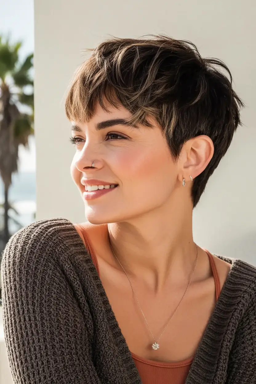 Trendy Pixie Haircuts to Try This Fall 2025 Messy Textured Pixie with Chunky Highlights