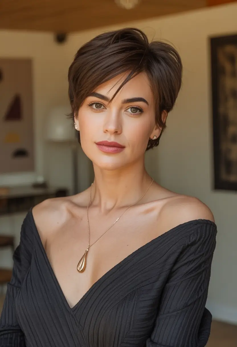 Trendy Pixie Haircuts to Try This Fall 2025 Elegant Deep Brown Pixie with Side Part