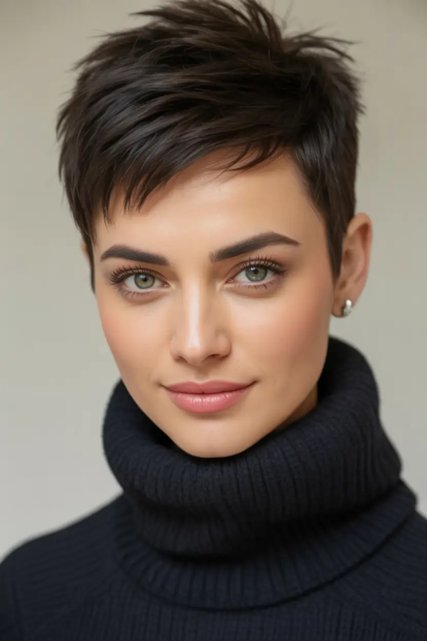 Trendy Pixie Haircuts to Try This Fall 2025 Sleek Cropped Brunette with Tapered Layers