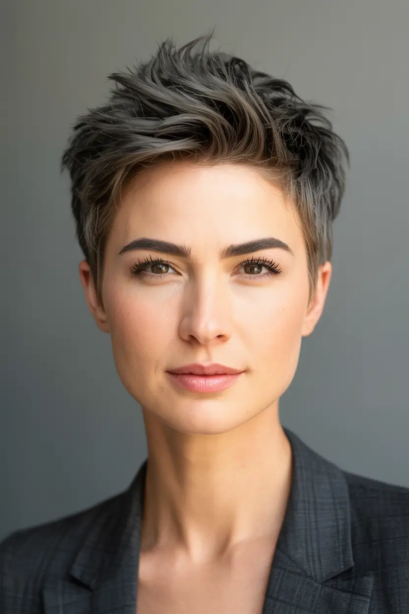 Trendy Pixie Haircuts to Try This Fall 2025 Spiky Gray Pixie with Voluminous Crown